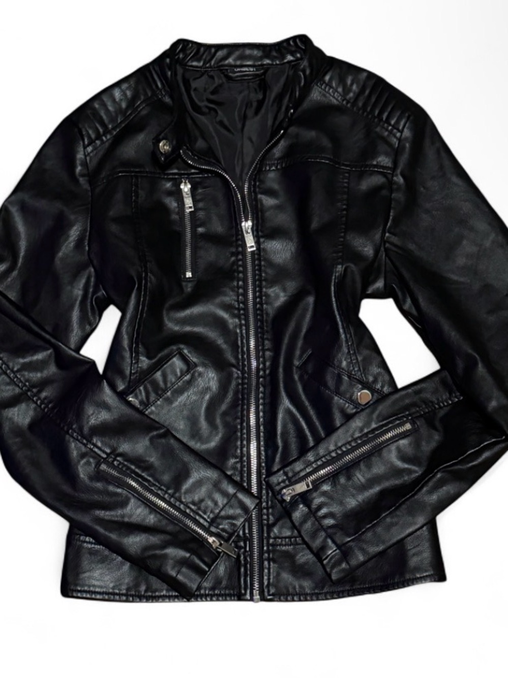 Urbest Black Faux Leather Moto Jacket with Zip Details